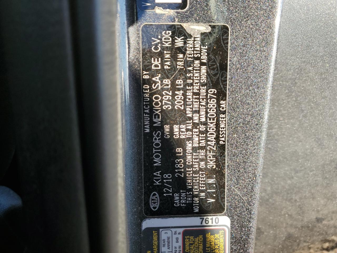 2019 Kia Forte Fe VIN: 3KPF24AD6KE068679 Lot: 78526274