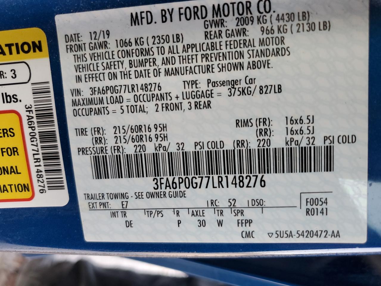 VIN 3FA6P0G77LR148276 2020 FORD FUSION no.12