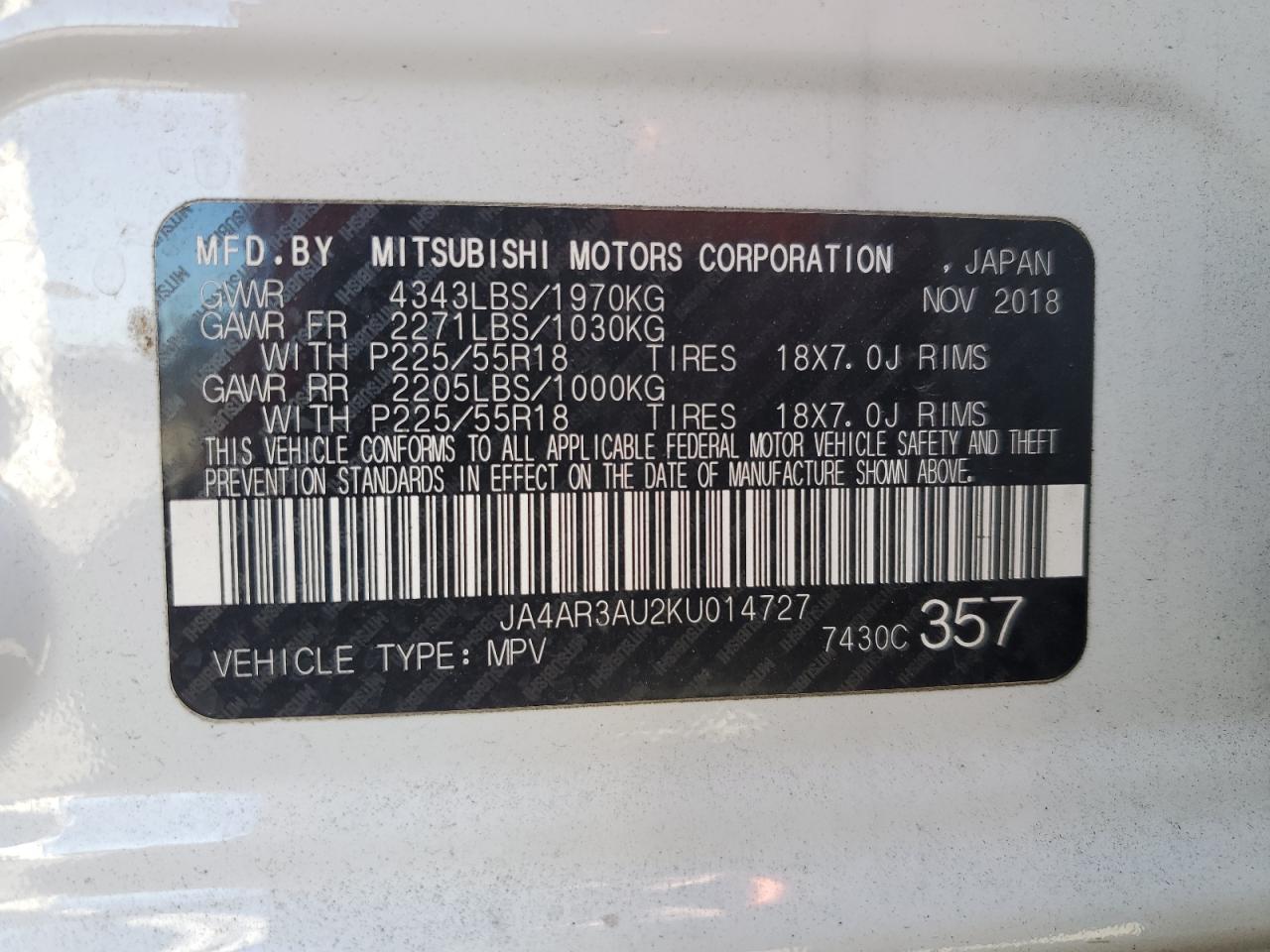 2019 Mitsubishi Outlander Sport Es VIN: JA4AR3AU2KU014727 Lot: 80412424