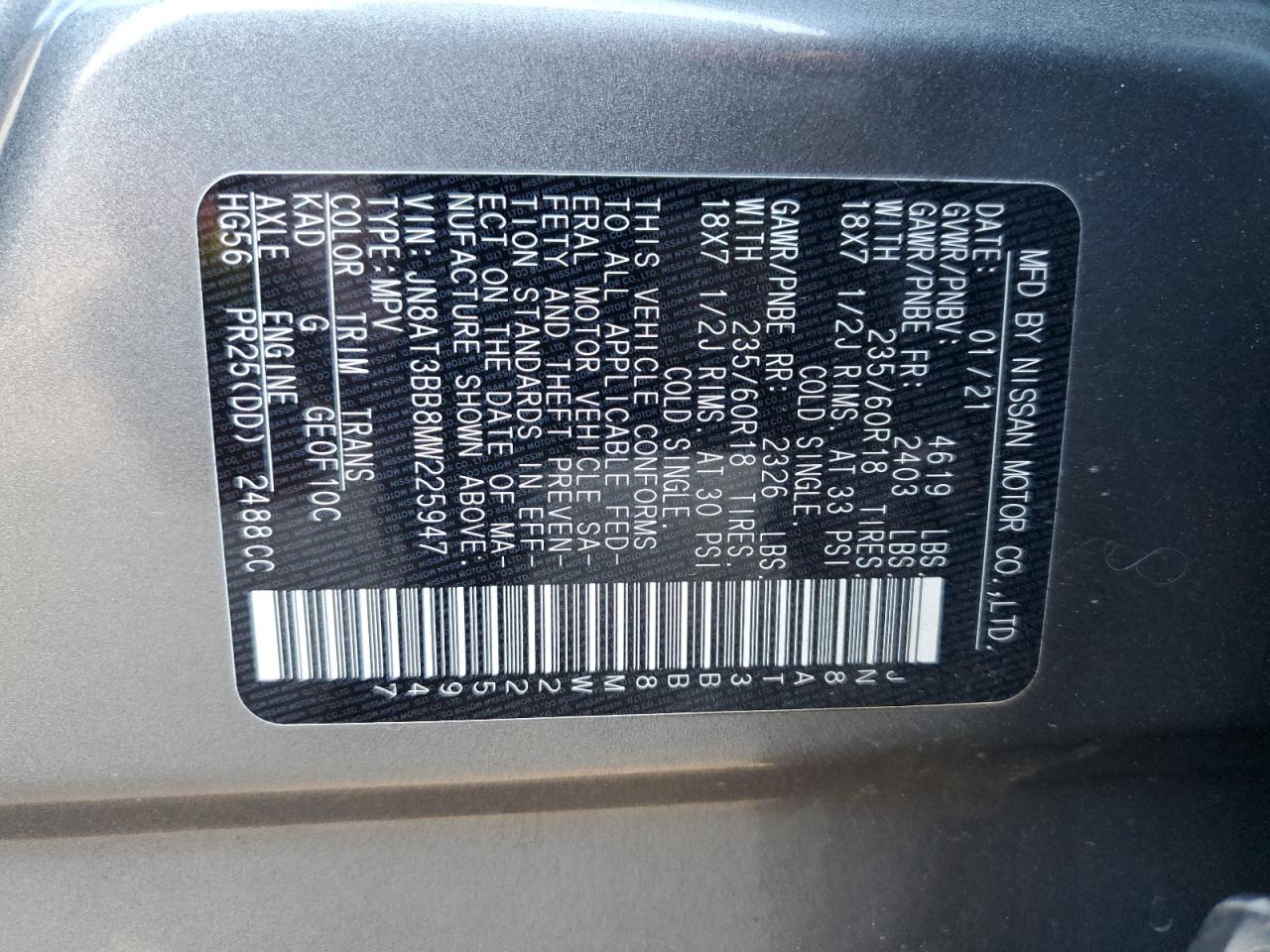 2021 Nissan Rogue Sv VIN: JN8AT3BB8MW225947 Lot: 78984384