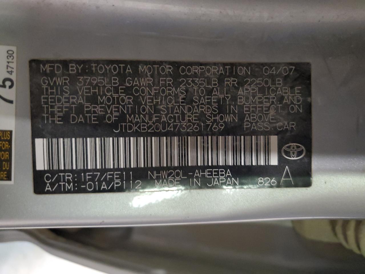 2007 Toyota Prius VIN: JTDKB20U473261769 Lot: 79955794