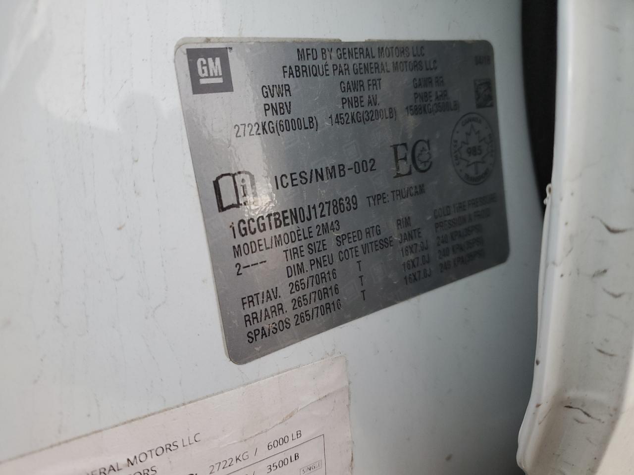 2018 Chevrolet Colorado VIN: 1GCGTBEN0J1278639 Lot: 81262904