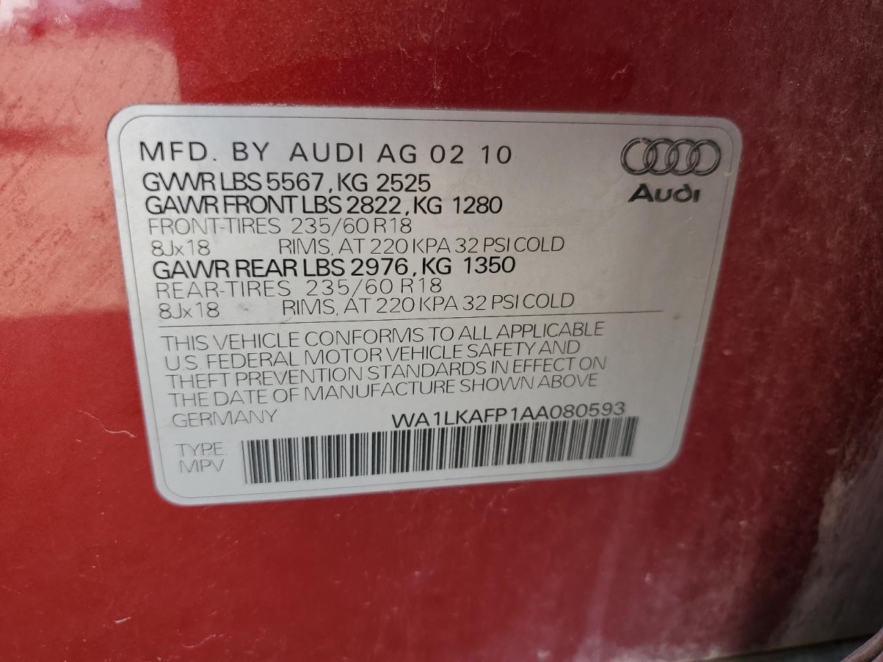 2010 Audi Q5 Premium Plus VIN: WA1LKAFP1AA080593 Lot: 78059584