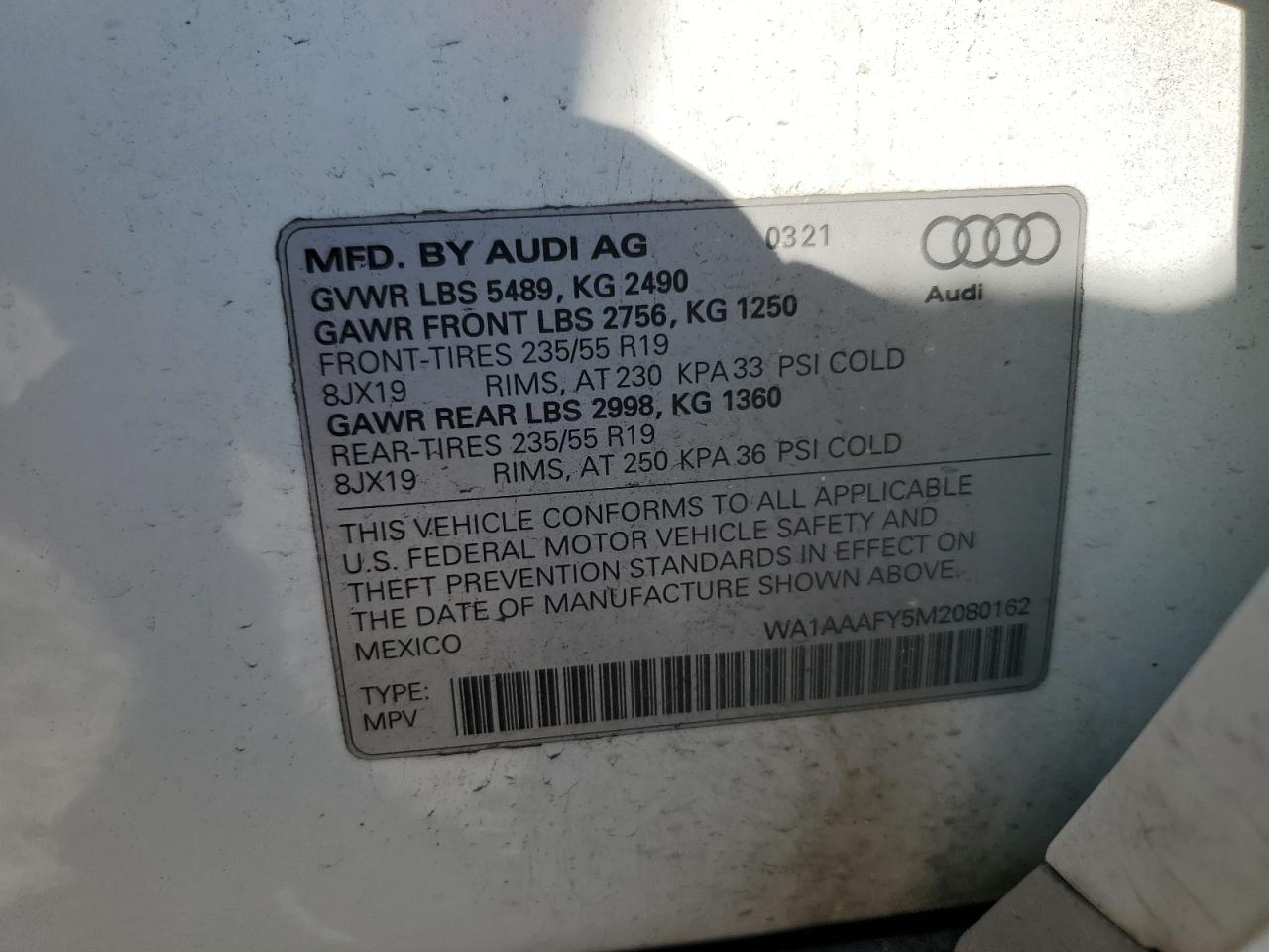 2021 Audi Q5 Premium VIN: WA1AAAFY5M2080162 Lot: 79949064