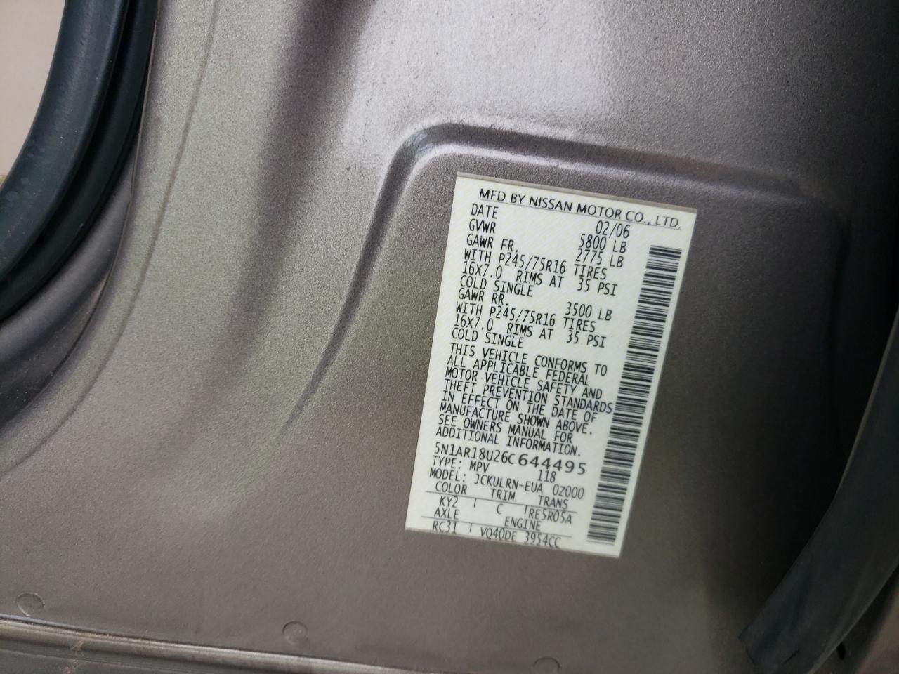 2006 Nissan Pathfinder Le VIN: 5N1AR18U26C644495 Lot: 78818184