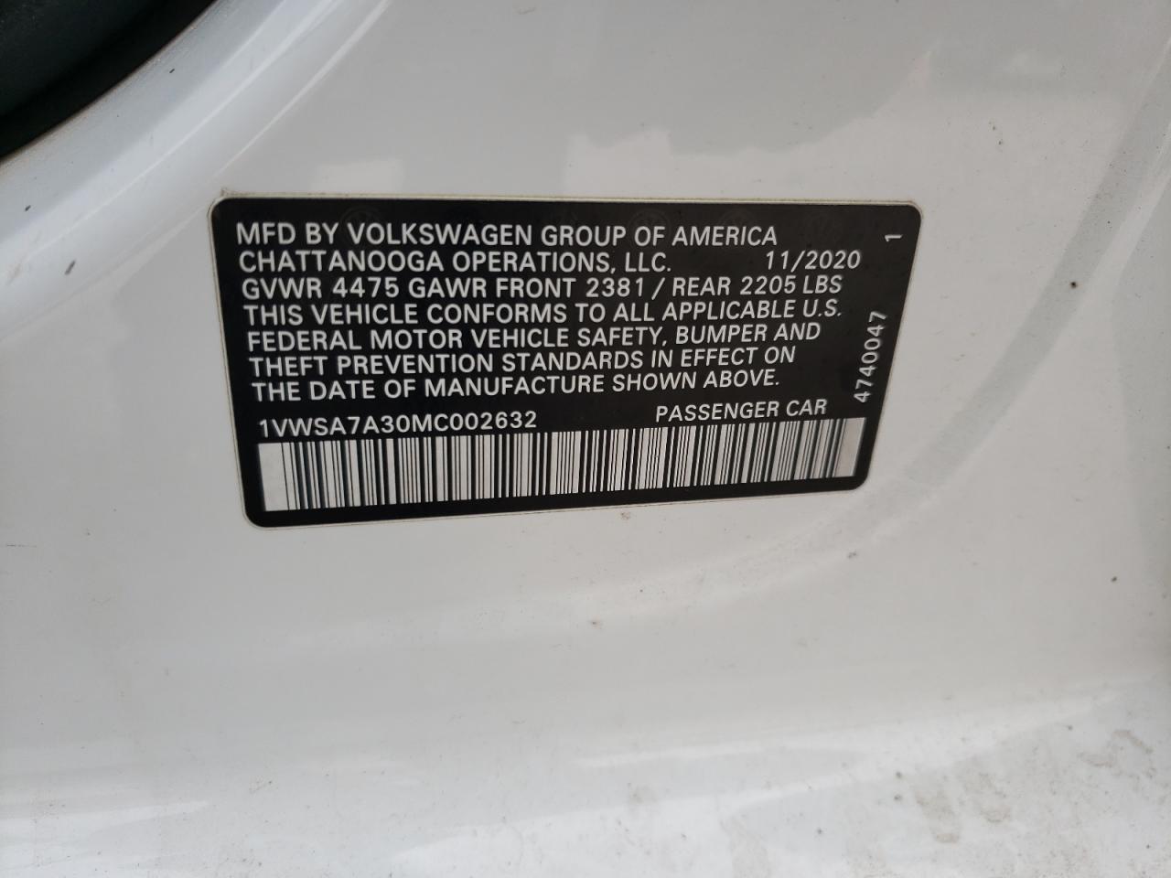 VIN 1VWSA7A30MC002632 2021 VOLKSWAGEN PASSAT no.12