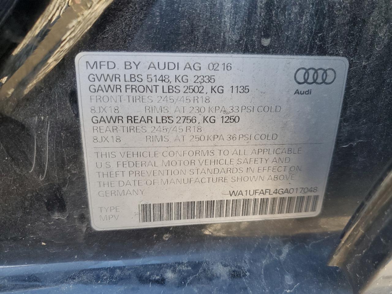 VIN WA1UFAFL4GA017048 2016 AUDI A4 no.13