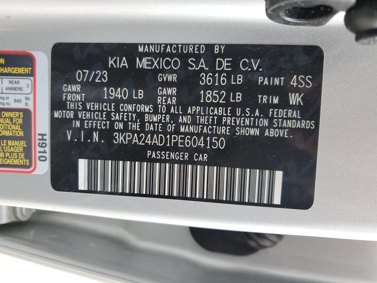 VIN 3KPA24AD1PE604150 2023 KIA RIO no.12