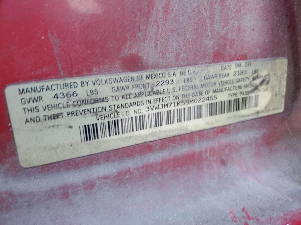 2009 Volkswagen Jetta S VIN: 3VWJM71K59M022455 Lot: 76581764