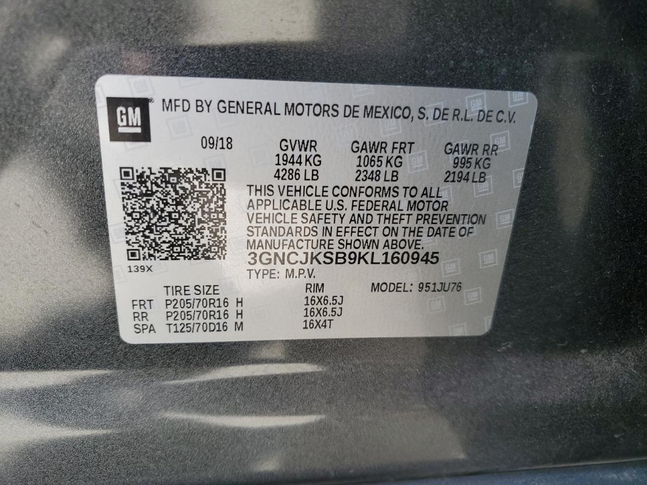 VIN 3GNCJKSB9KL160945 2019 CHEVROLET TRAX no.12