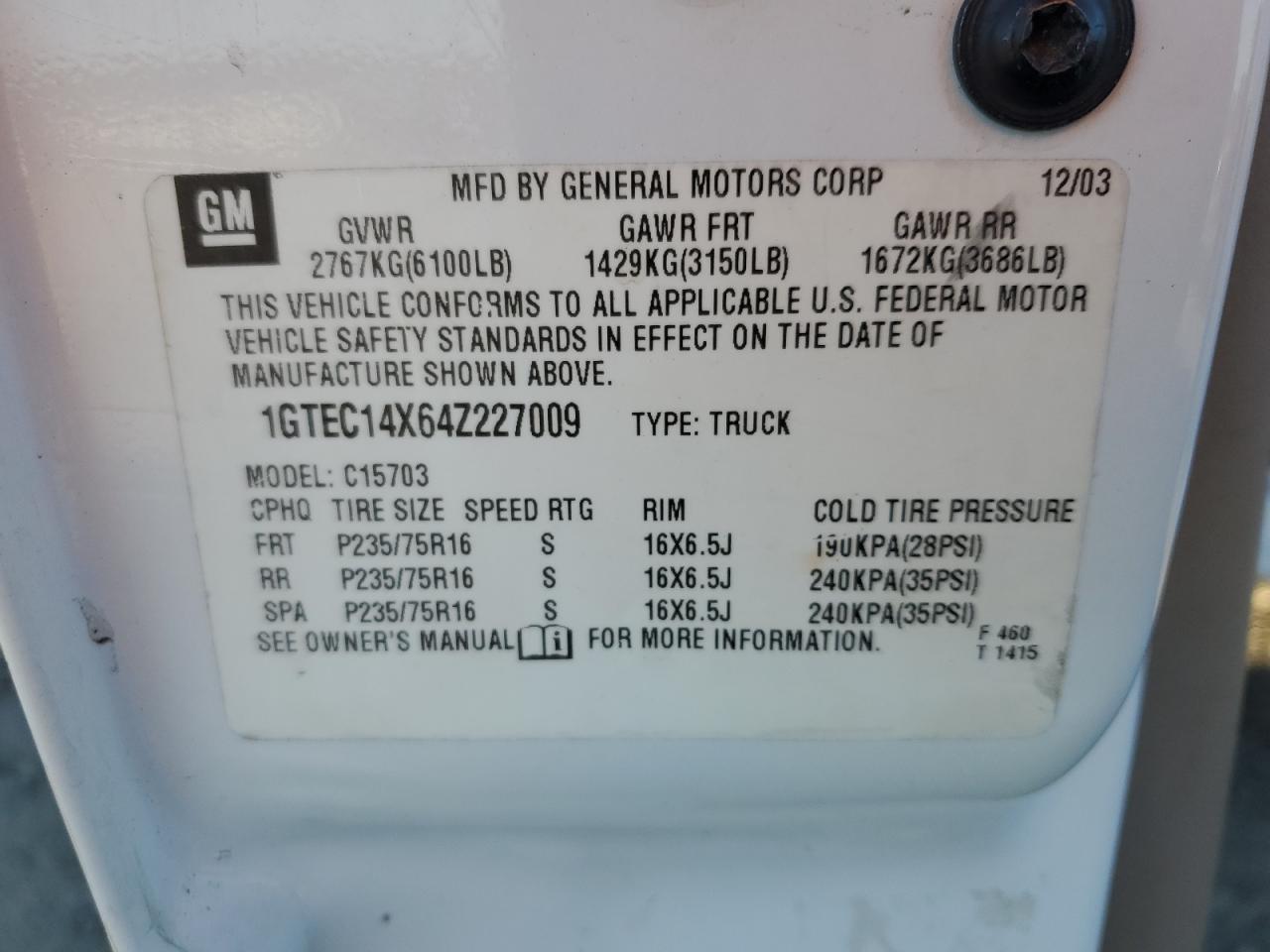 2004 GMC New Sierra C1500 VIN: 1GTEC14X64Z227009 Lot: 81218454