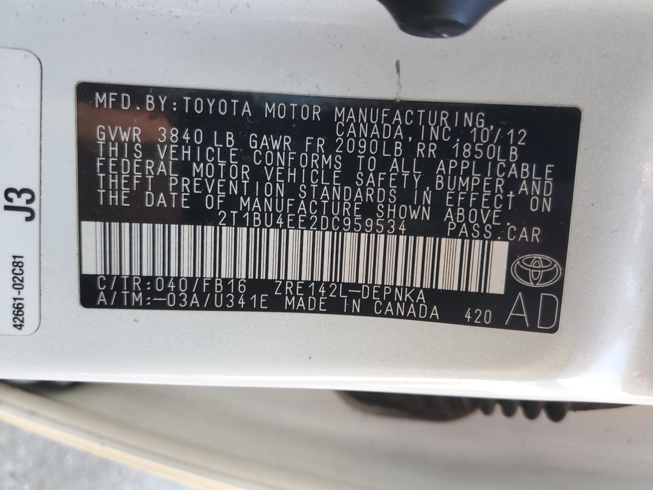 VIN 2T1BU4EE2DC959534 2013 TOYOTA COROLLA no.12