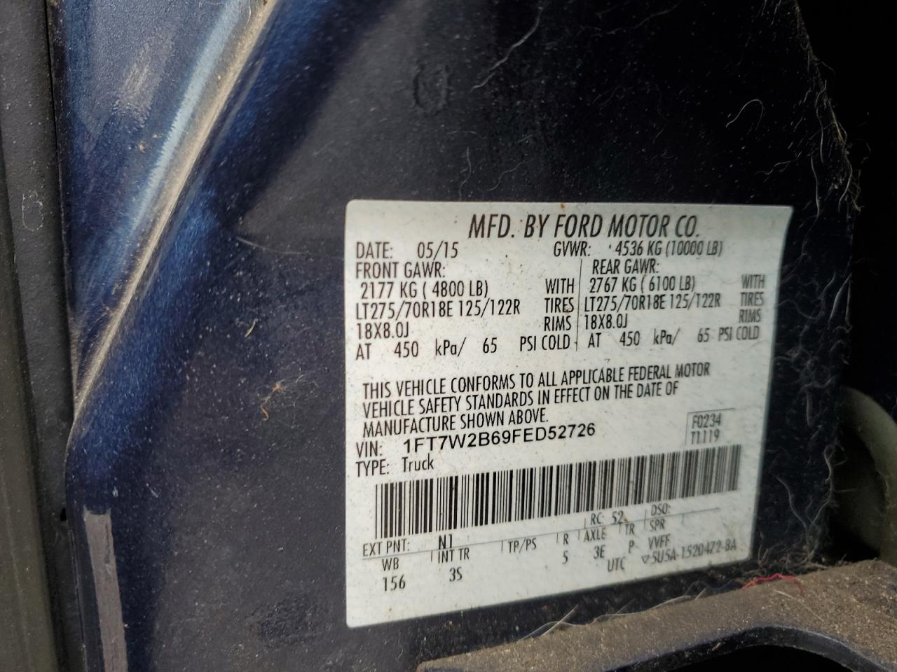 2015 Ford F250 Super Duty VIN: 1FT7W2B69FED52726 Lot: 79068574