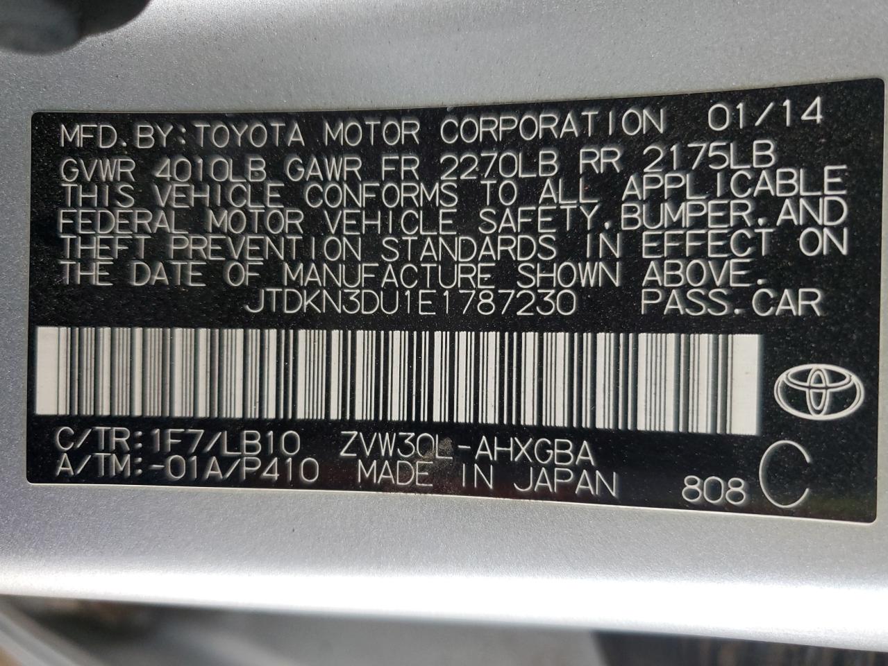 VIN JTDKN3DU1E1787230 2014 TOYOTA PRIUS no.12