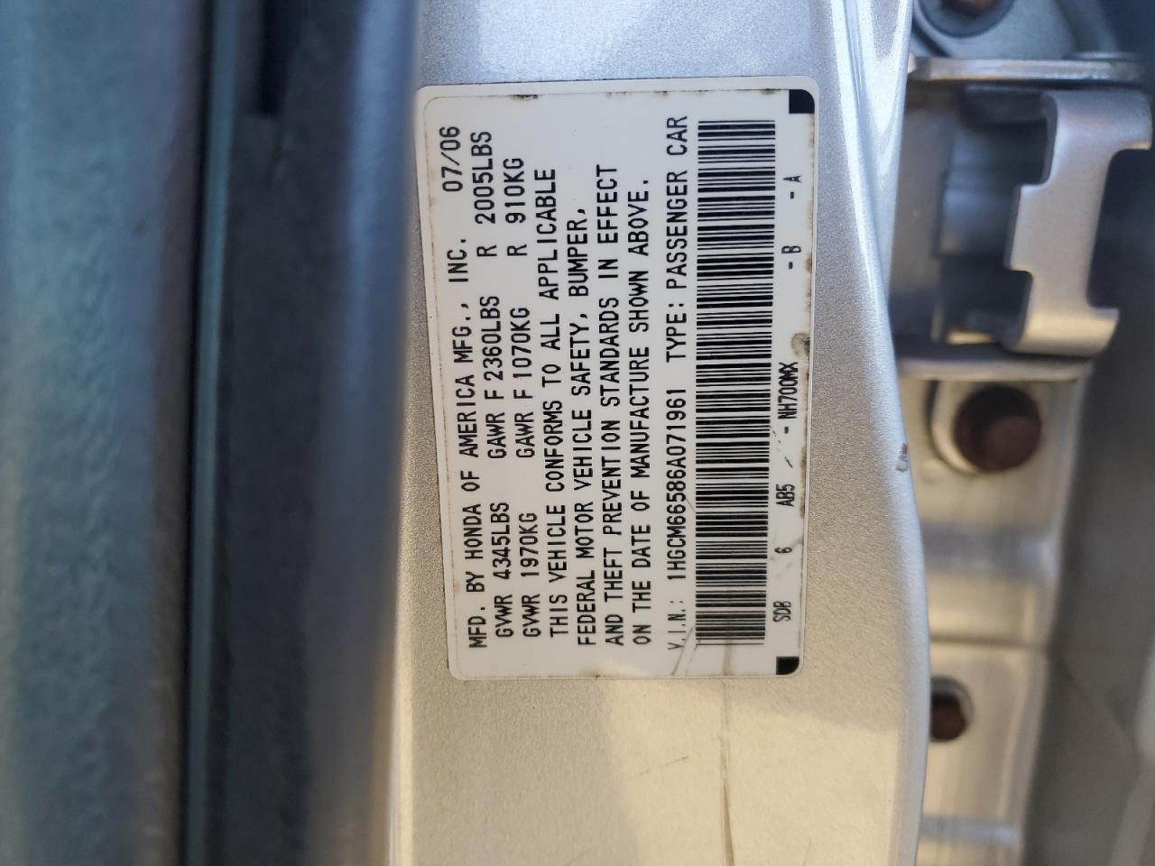 2006 Honda Accord Ex VIN: 1HGCM66586A071961 Lot: 81745984