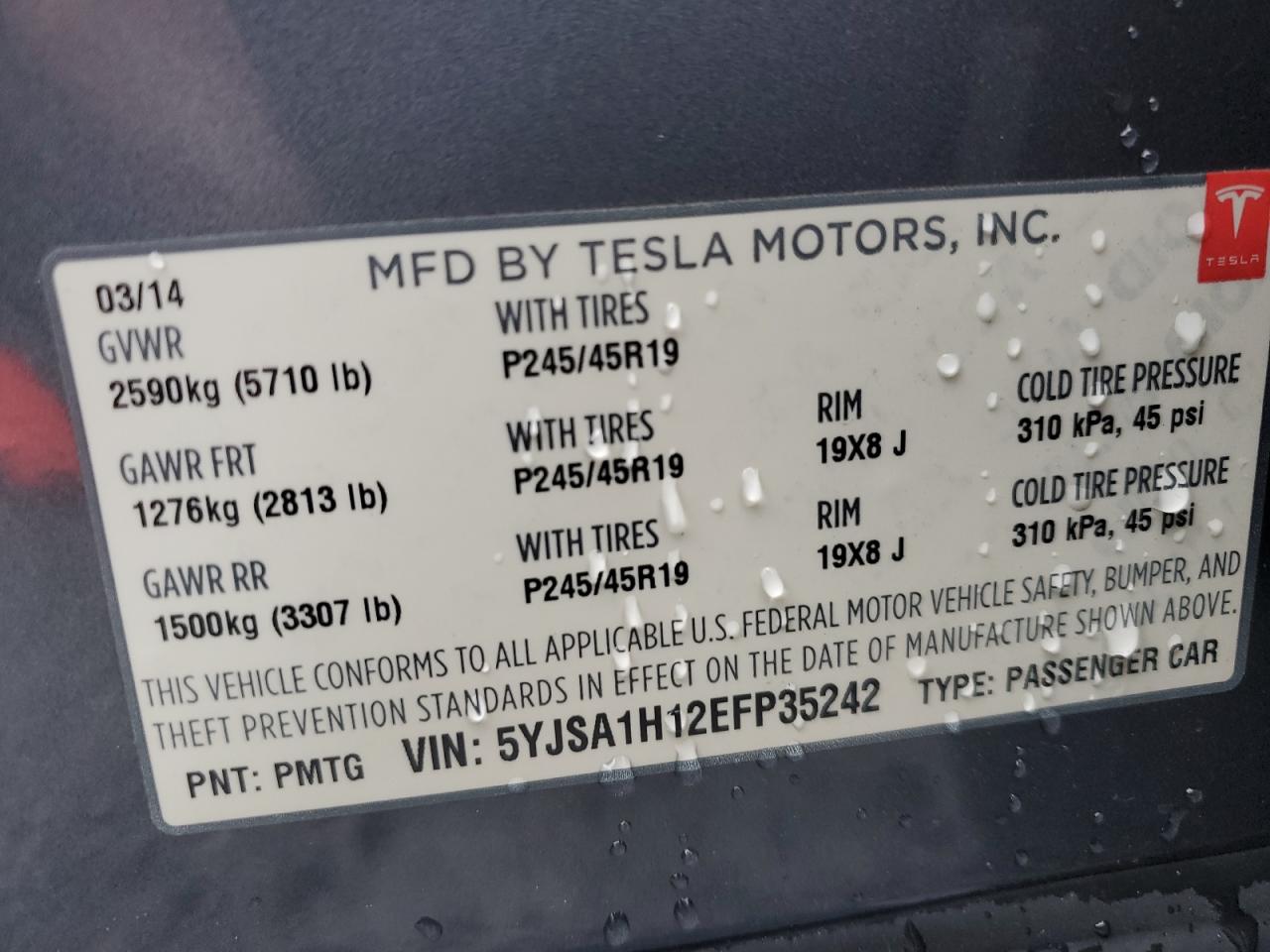 2014 Tesla Model S VIN: 5YJSA1H12EFP35242 Lot: 80947824