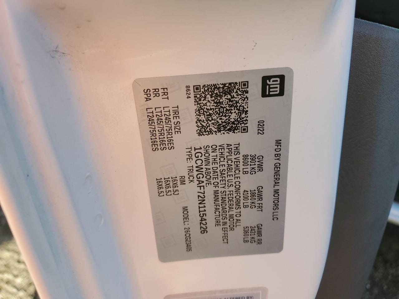 2022 Chevrolet Express G2500 VIN: 1GCWGAF72N1154226 Lot: 80457704