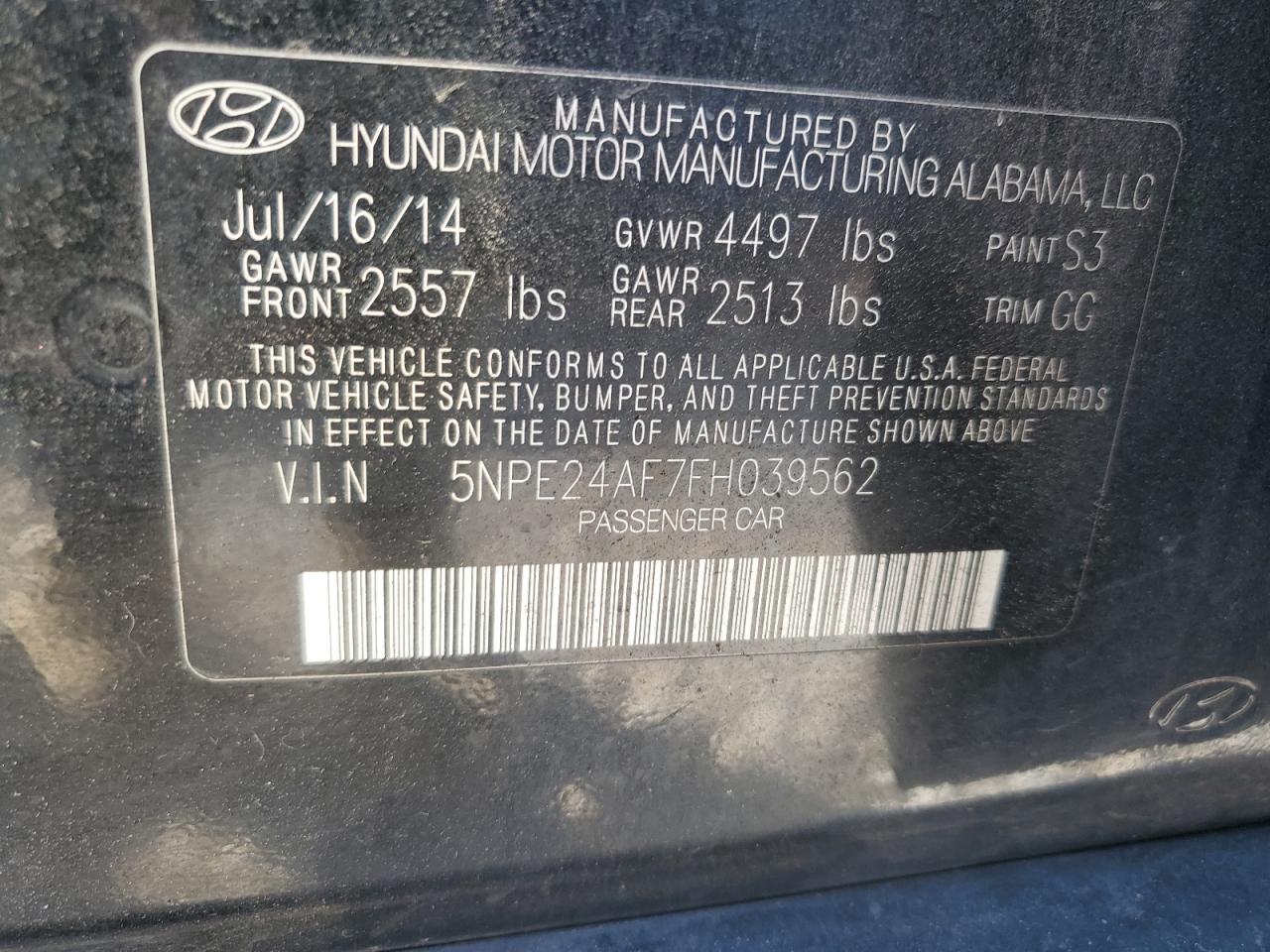 VIN 5NPE24AF7FH039562 2015 HYUNDAI SONATA no.12