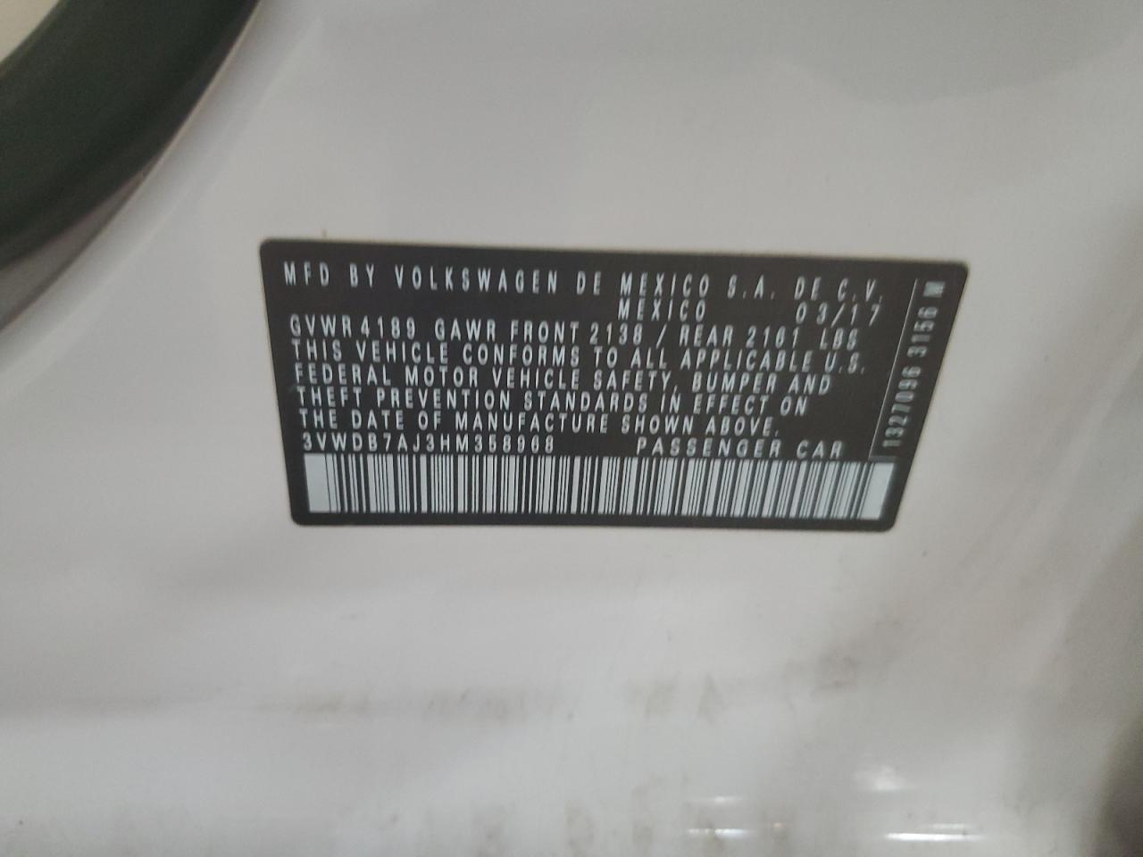 2017 Volkswagen Jetta Se VIN: 3VWDB7AJ3HM358968 Lot: 82049474
