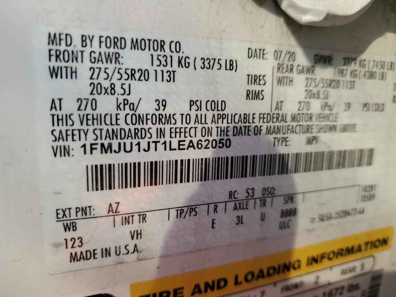 VIN 1FMJU1JT1LEA62050 2020 FORD EXPEDITION no.14