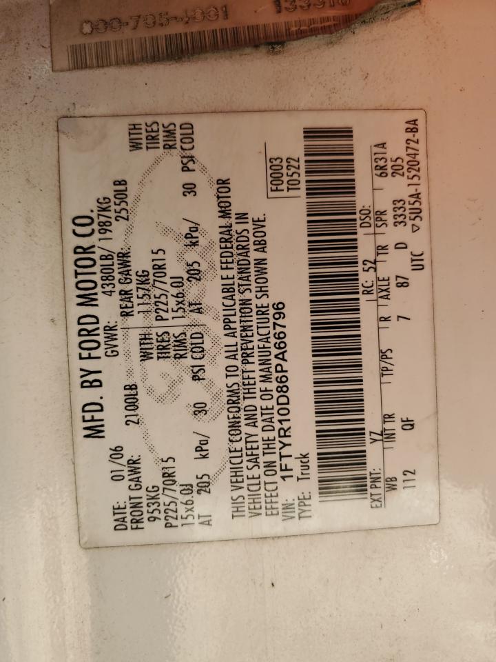 2006 Ford Ranger VIN: 1FTYR10D86PA66796 Lot: 80880824