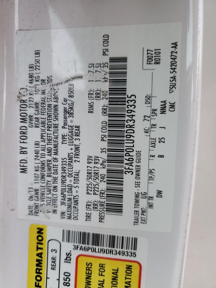 2013 Ford Fusion Se Hybrid VIN: 3FA6P0LU9DR349335 Lot: 82348174