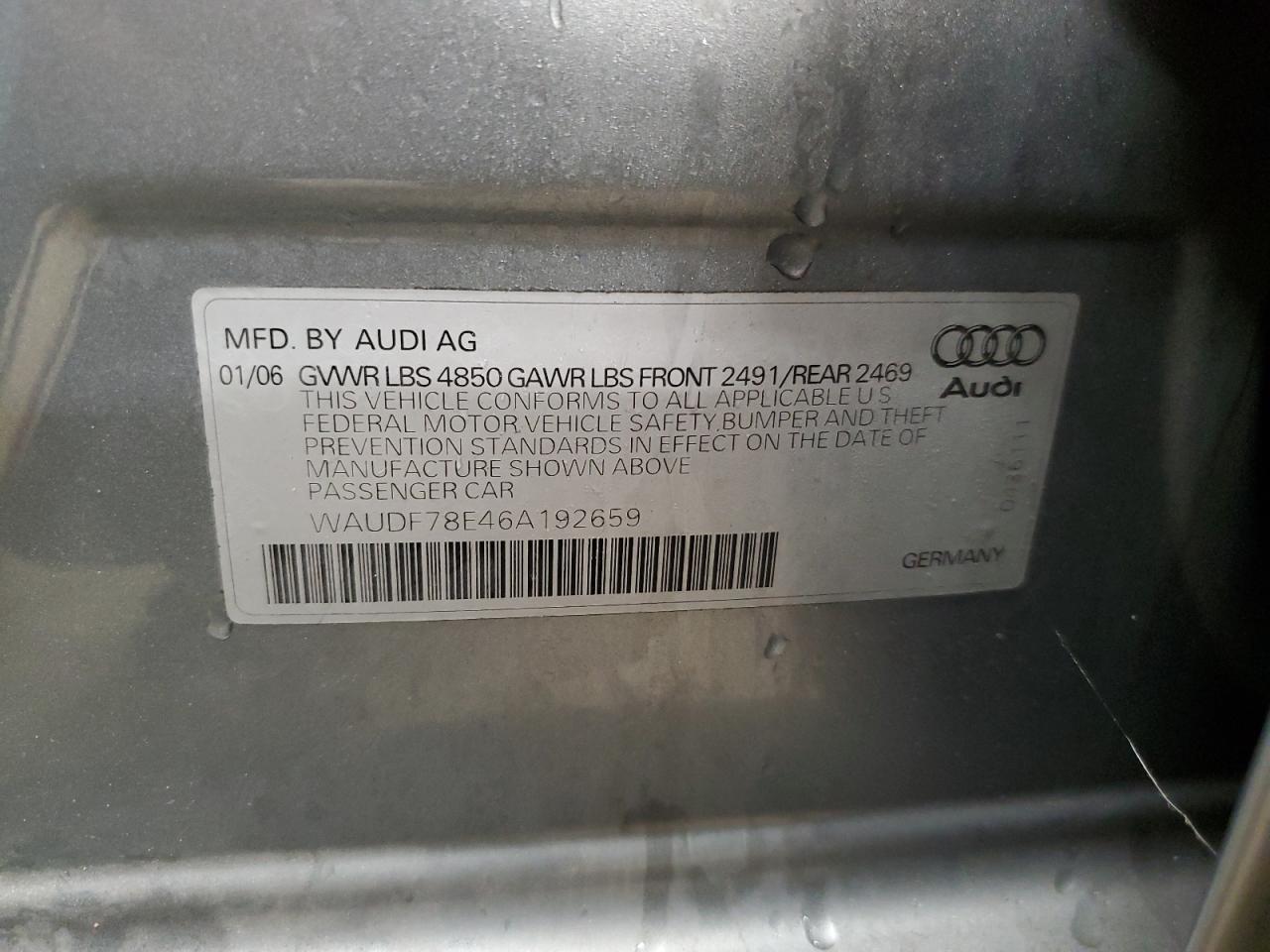 2006 Audi A4 2.0T Quattro VIN: WAUDF78E46A192659 Lot: 79015274