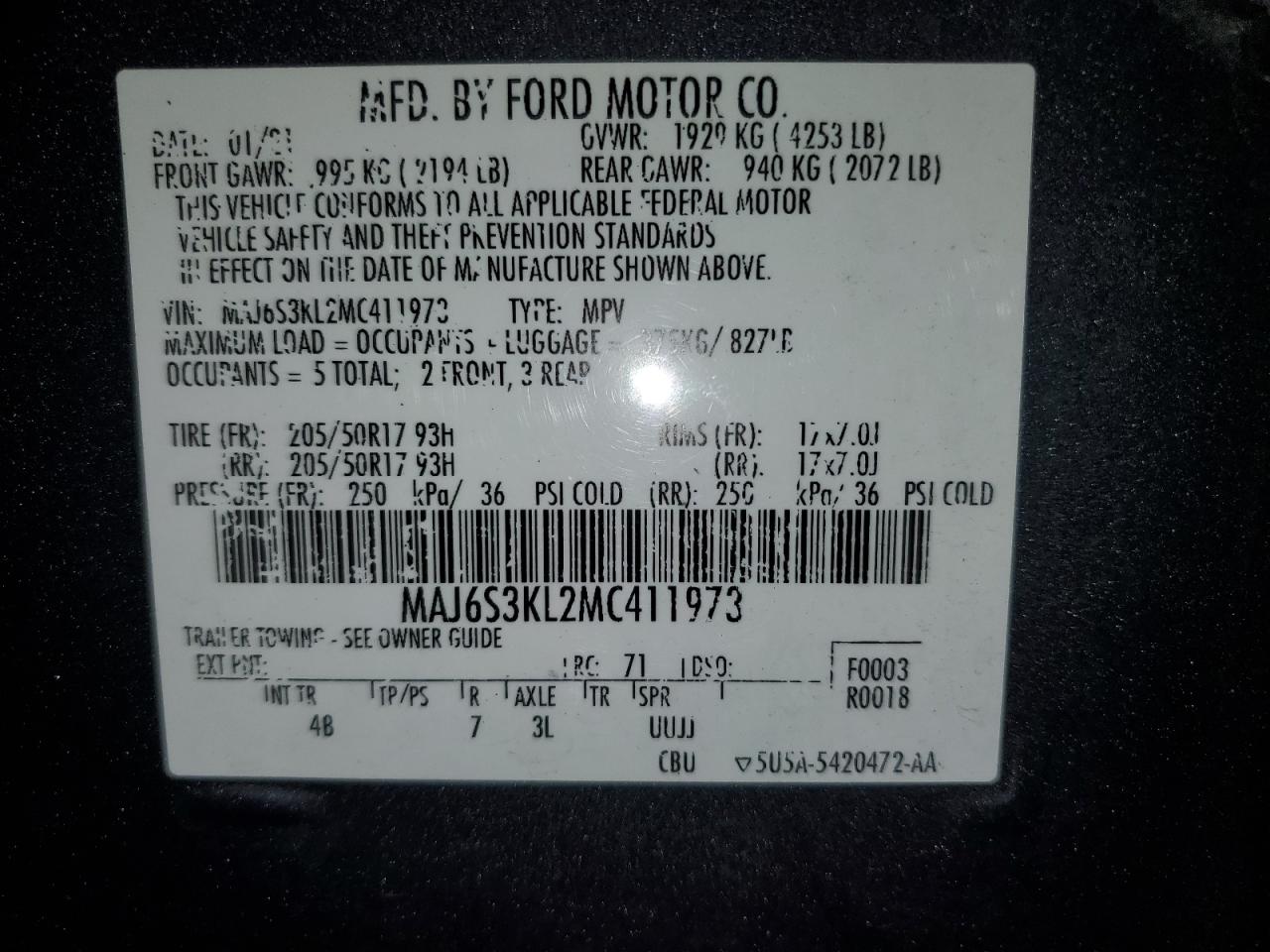 VIN MAJ6S3KL2MC411973 2021 FORD ECOSPORT no.13