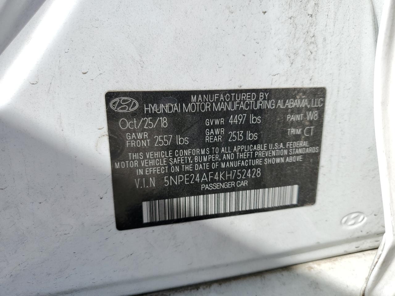 VIN 5NPE24AF4KH752428 2019 HYUNDAI SONATA no.12