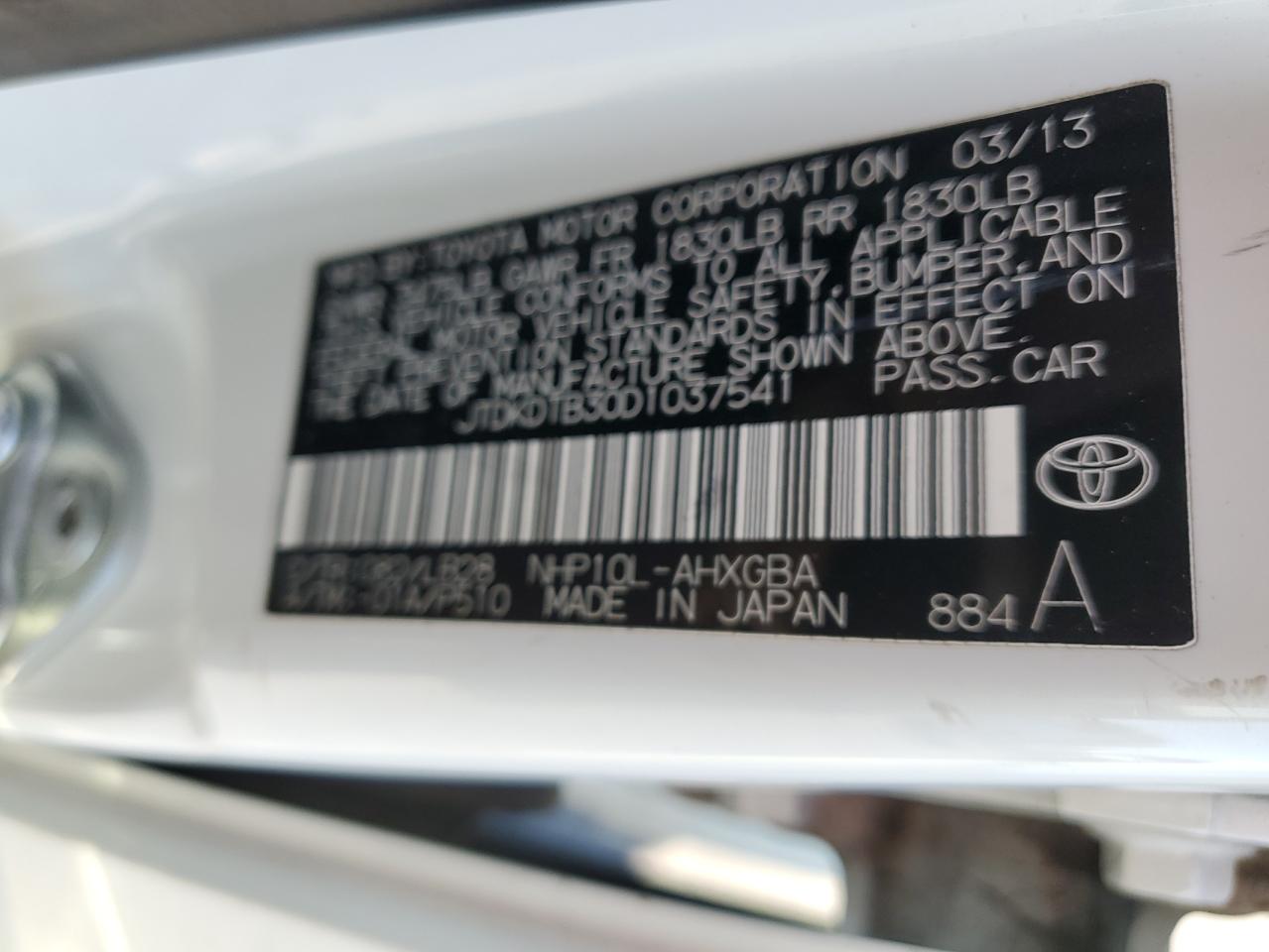 VIN JTDKDTB30D1037541 2013 TOYOTA PRIUS no.12