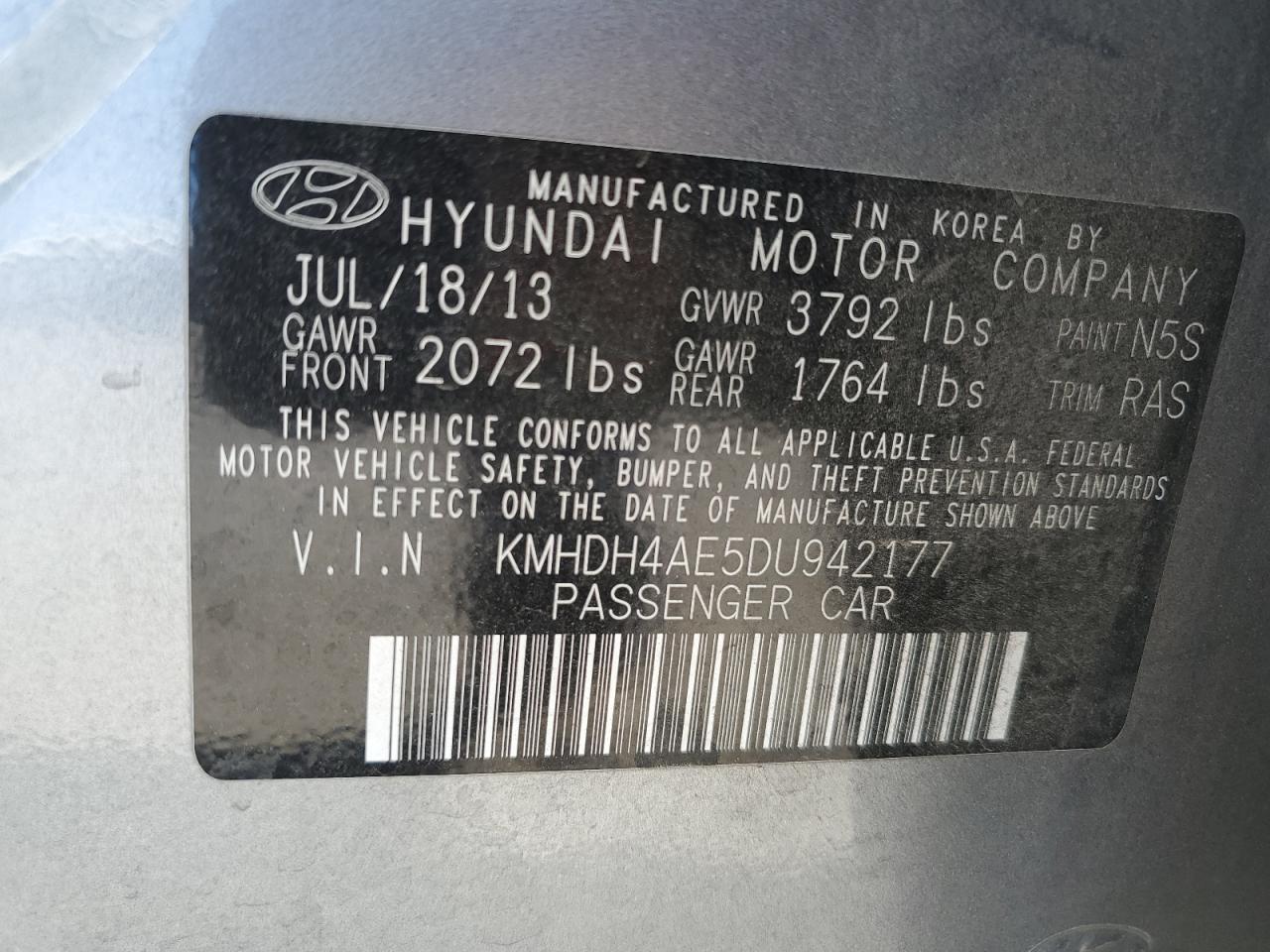 2013 Hyundai Elantra Gls VIN: KMHDH4AE5DU942177 Lot: 79573914