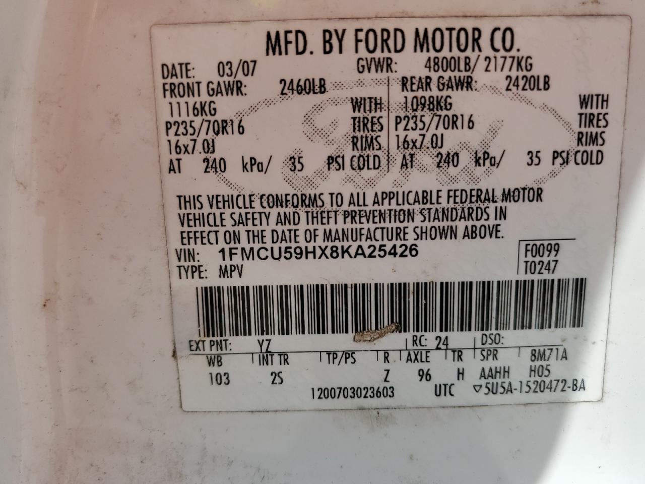 2008 Ford Escape Hev VIN: 1FMCU59HX8KA25426 Lot: 79054564