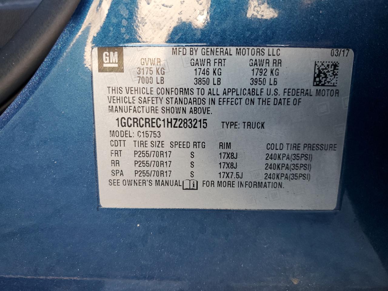 VIN 1GCRCREC1HZ283215 2017 CHEVROLET ALL Models no.12