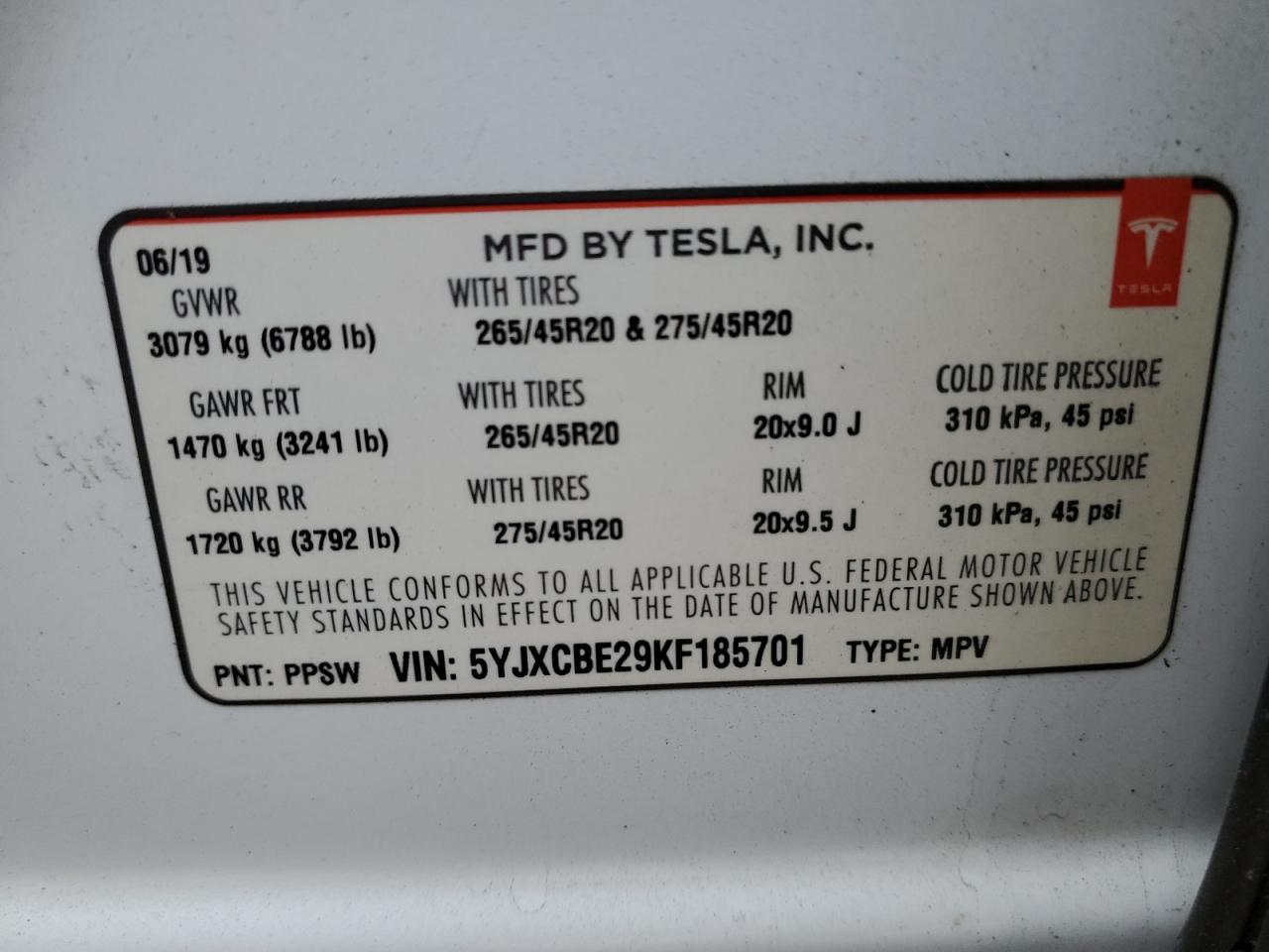 2019 Tesla Model X VIN: 5YJXCBE29KF185701 Lot: 80773754