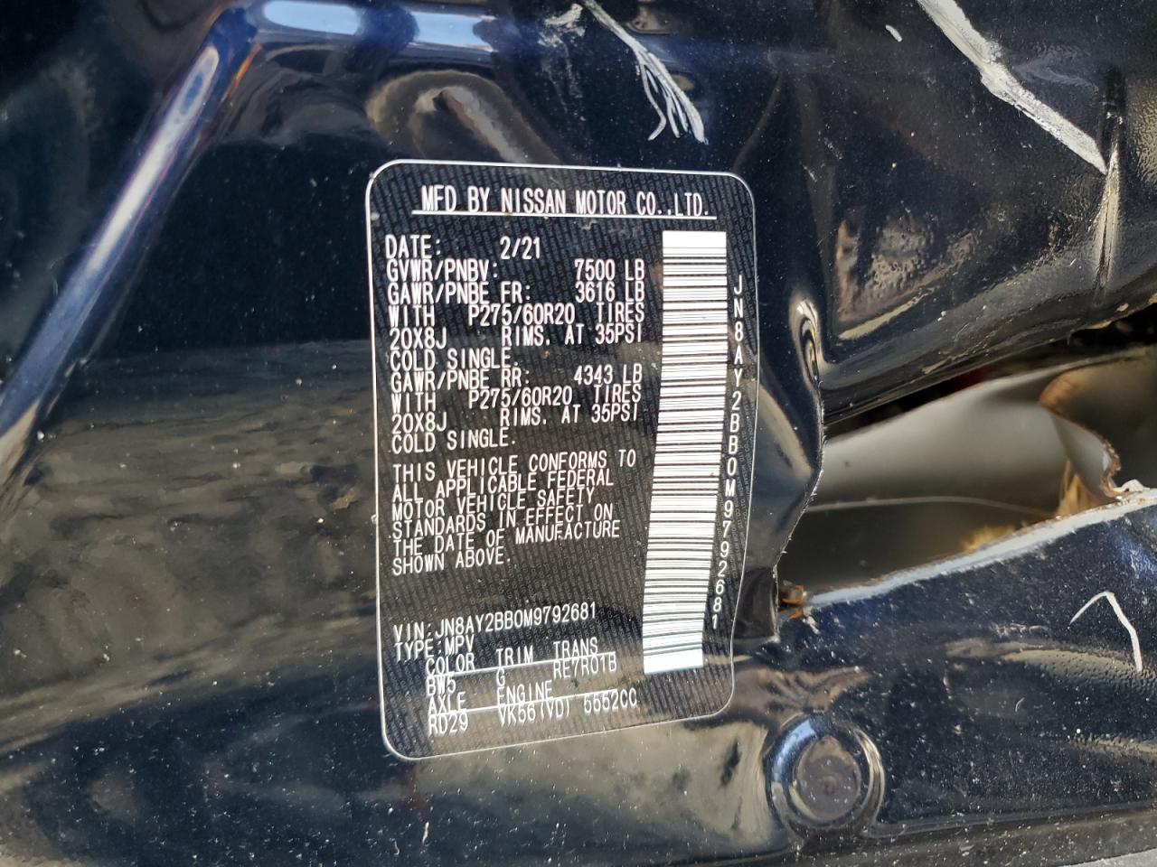 2021 Nissan Armada Sl VIN: JN8AY2BB0M9792681 Lot: 78860104