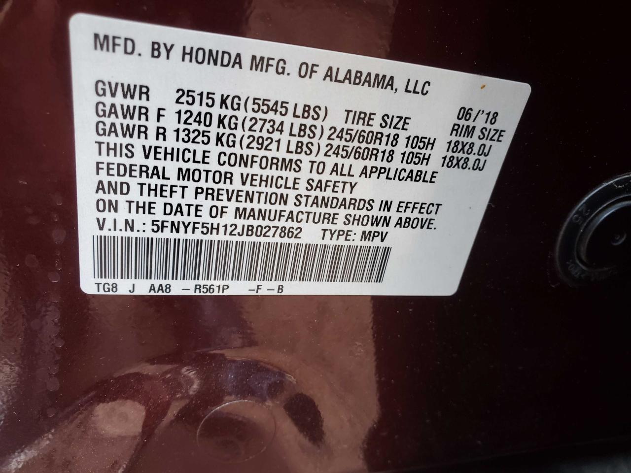 VIN 5FNYF5H12JB027862 2018 HONDA PILOT no.10