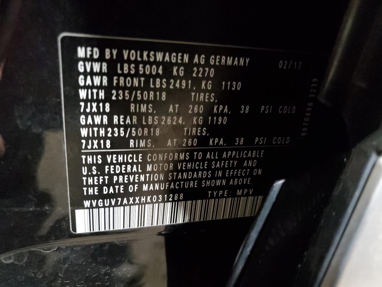 VIN WVGUV7AXXHK031288 2017 VOLKSWAGEN TIGUAN no.13