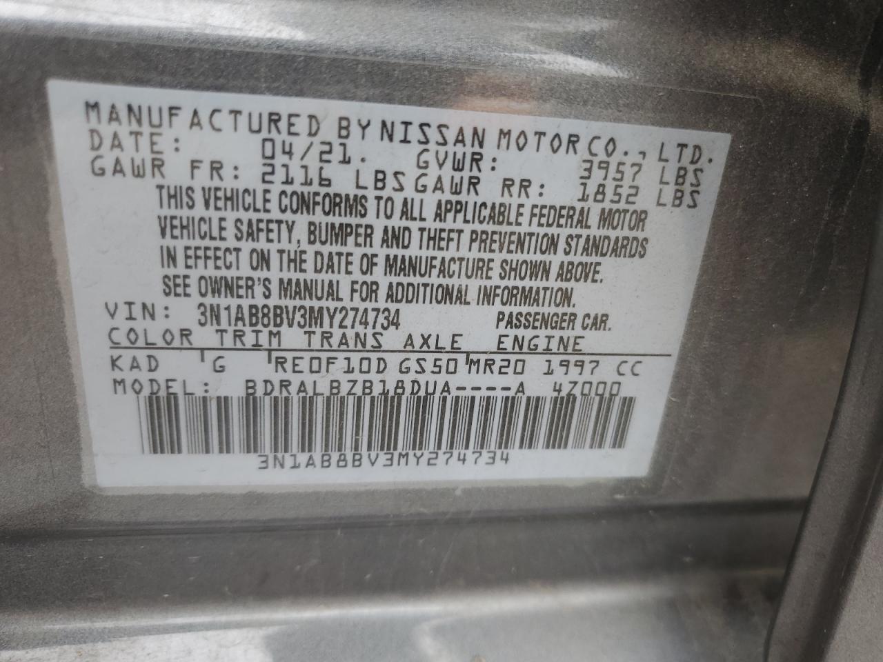 2021 Nissan Sentra S VIN: 3N1AB8BV3MY274734 Lot: 79655694