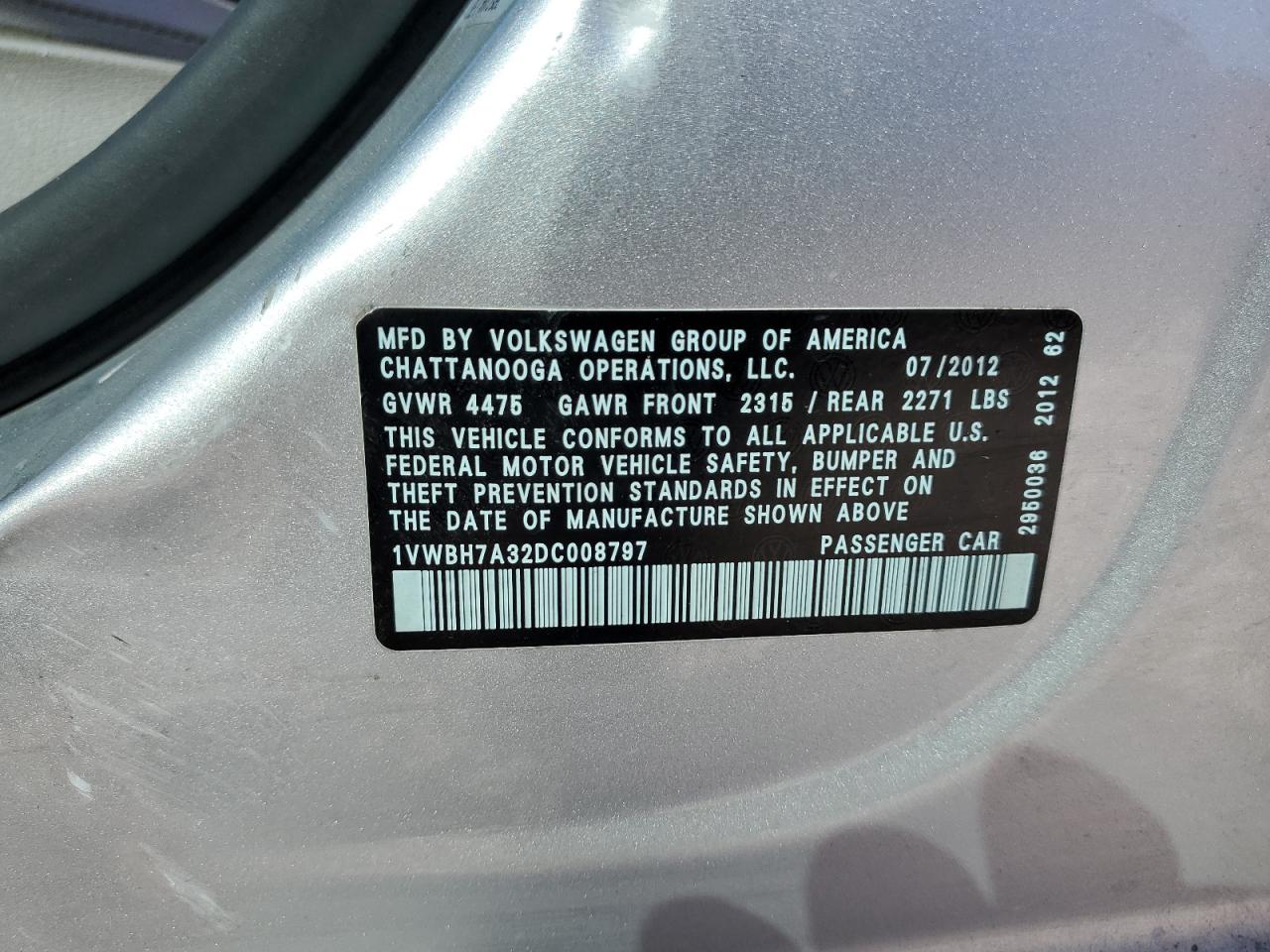 2013 Volkswagen Passat Se VIN: 1VWBH7A32DC008797 Lot: 89065525