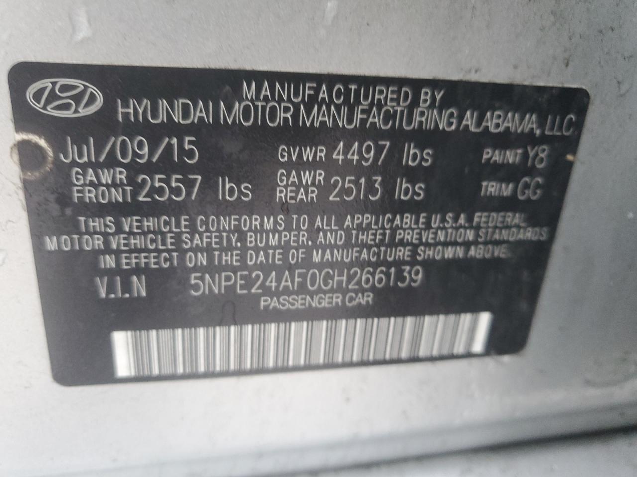 VIN 5NPE24AF0GH266139 2016 HYUNDAI SONATA no.12