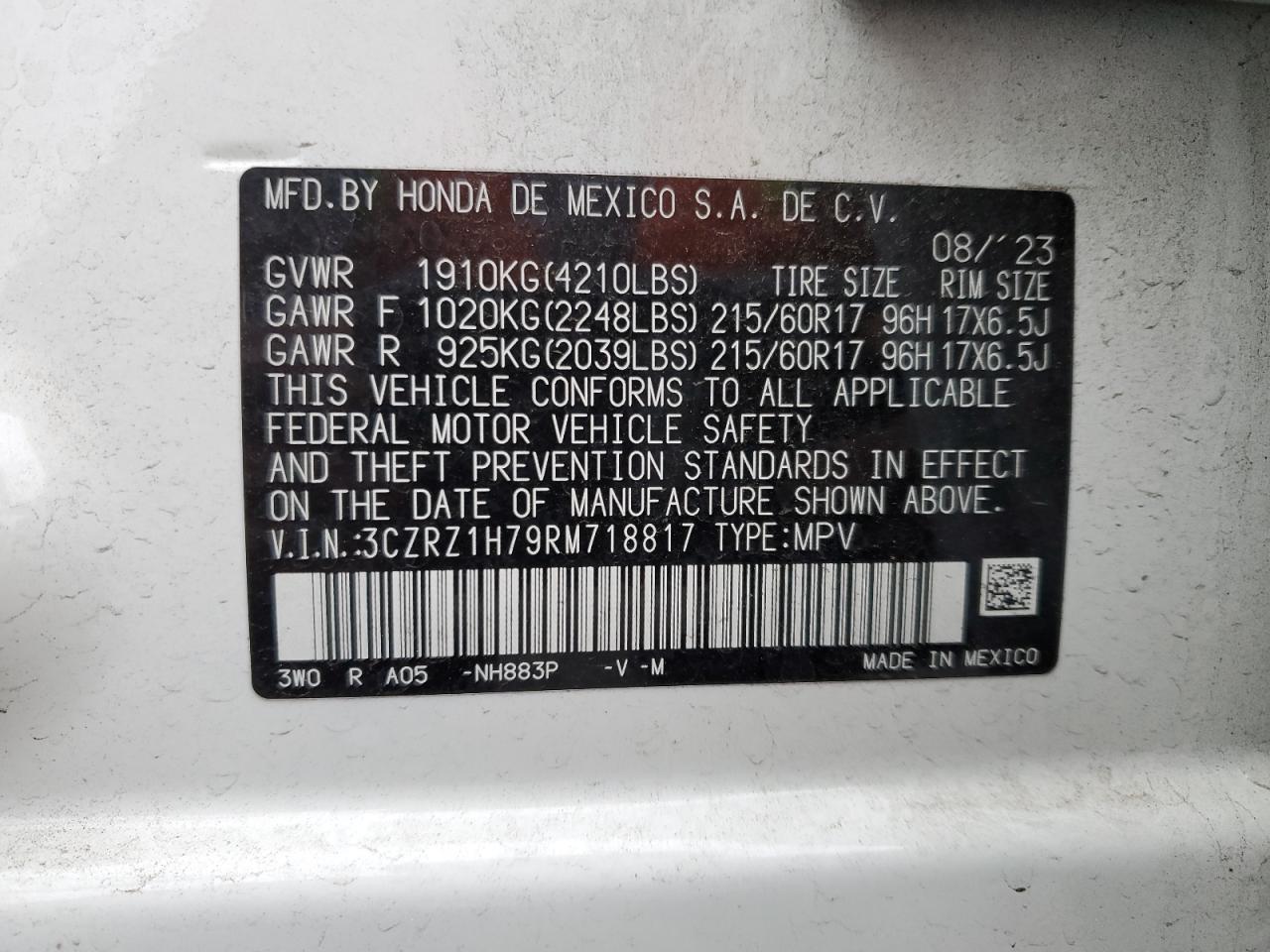 VIN 3CZRZ1H79RM718817 2024 HONDA HR-V no.13