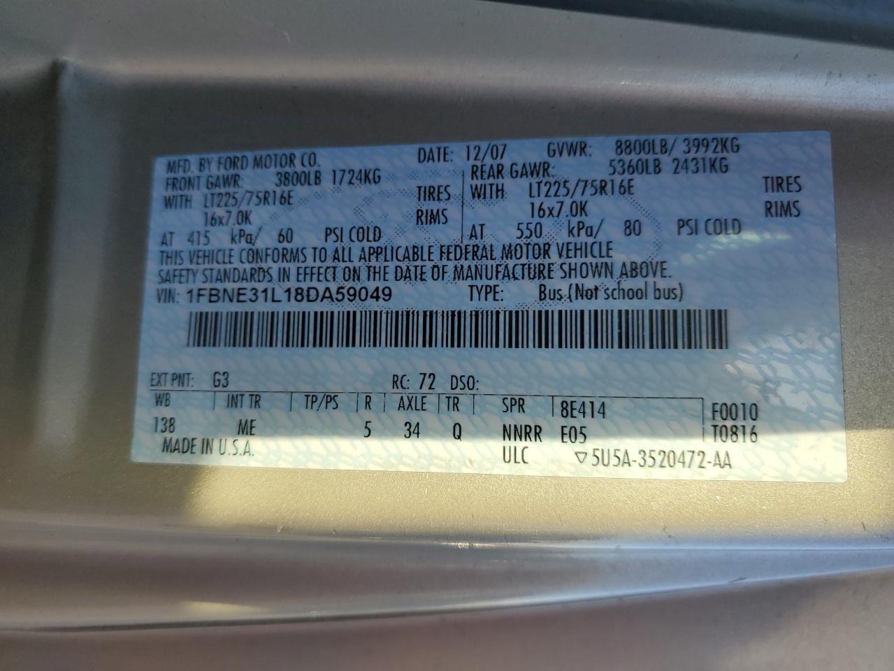 2008 Ford Econoline E350 Super Duty Wagon VIN: 1FBNE31L18DA59049 Lot: 79072434