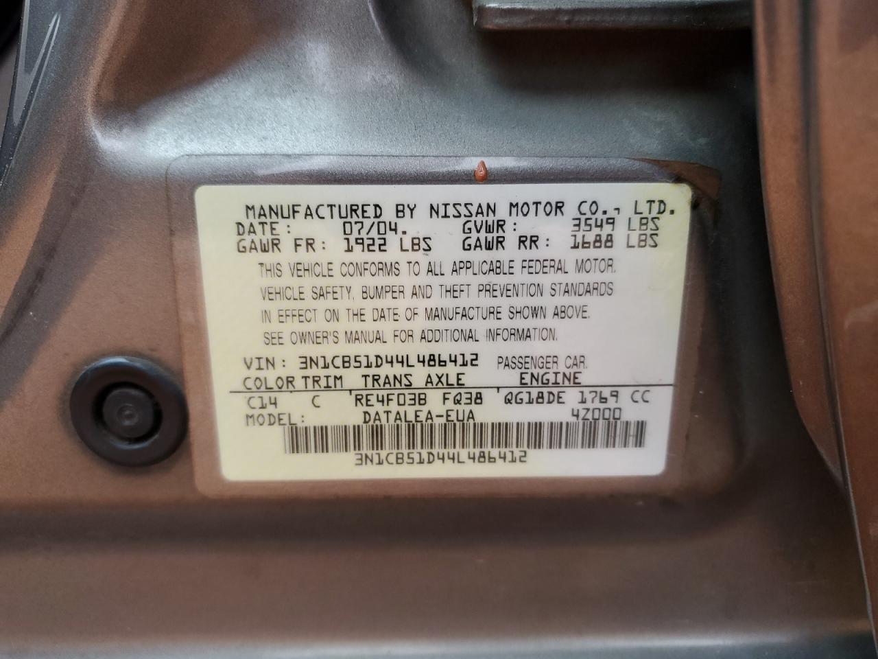 2004 Nissan Sentra 1.8 VIN: 3N1CB51D44L486412 Lot: 80095364