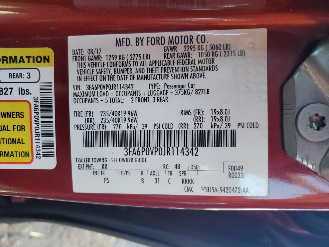 2018 Ford Fusion Sport VIN: 3FA6P0VP0JR114342 Lot: 83821105