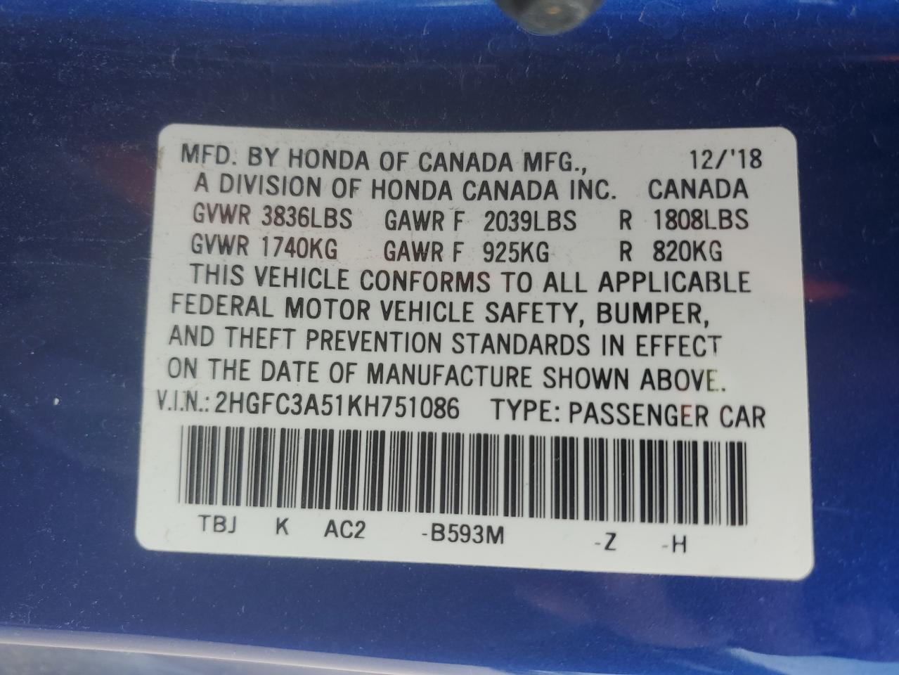 VIN 2HGFC3A51KH751086 2019 HONDA CIVIC no.12