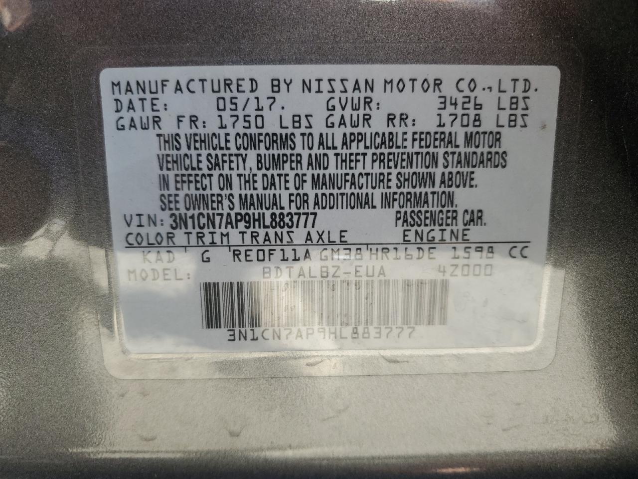 VIN 3N1CN7AP9HL883777 2017 NISSAN VERSA no.12