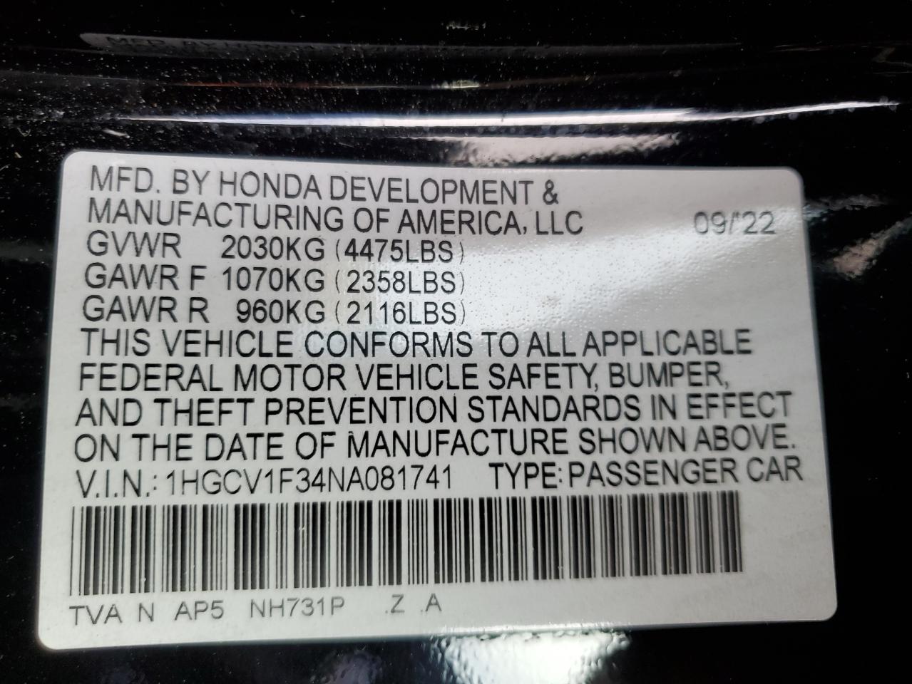 VIN 1HGCV1F34NA081741 2022 HONDA ACCORD no.13