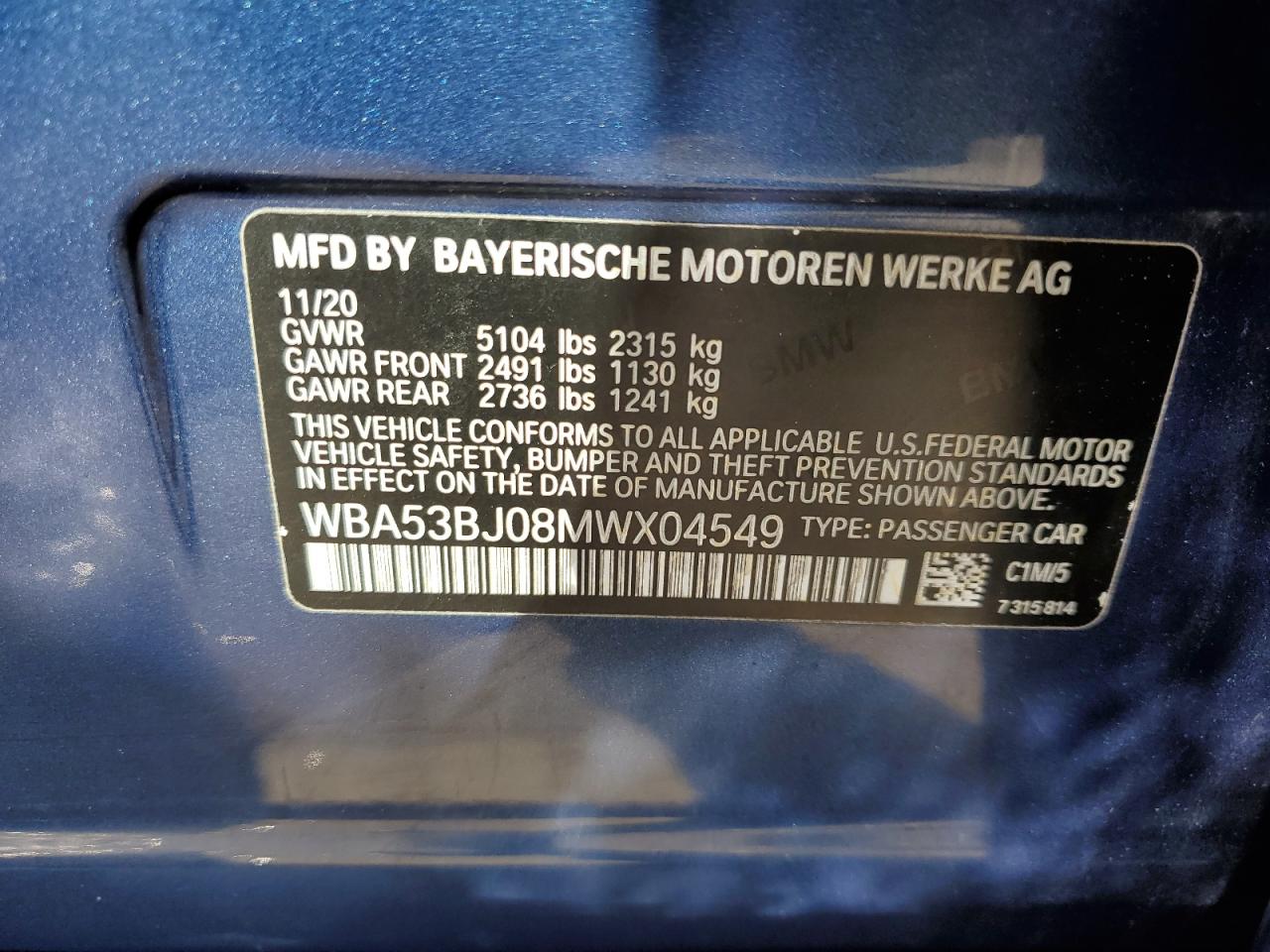 2021 BMW 540 I VIN: WBA53BJ08MWX04549 Lot: 80521114