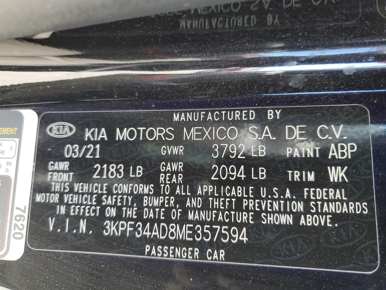 VIN 3KPF34AD8ME357594 2021 KIA FORTE no.12