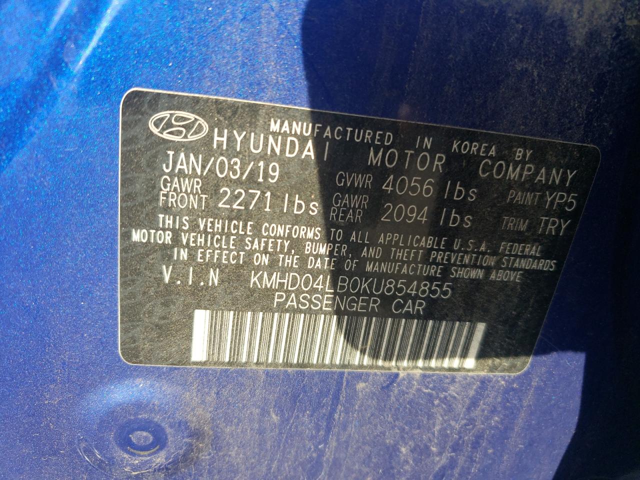 VIN KMHD04LB0KU854855 2019 HYUNDAI ELANTRA no.12